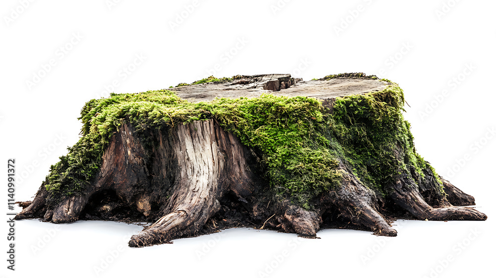 Poster side view on one single wooden mossy tree stump with roots isolated on white background