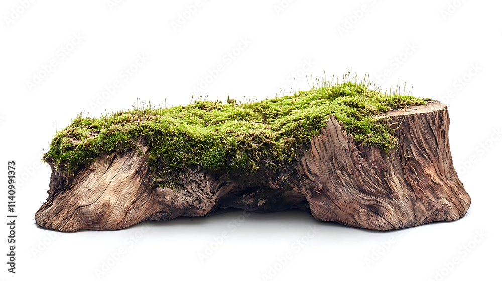 Poster side view on one single wooden mossy tree stump with roots isolated on white background