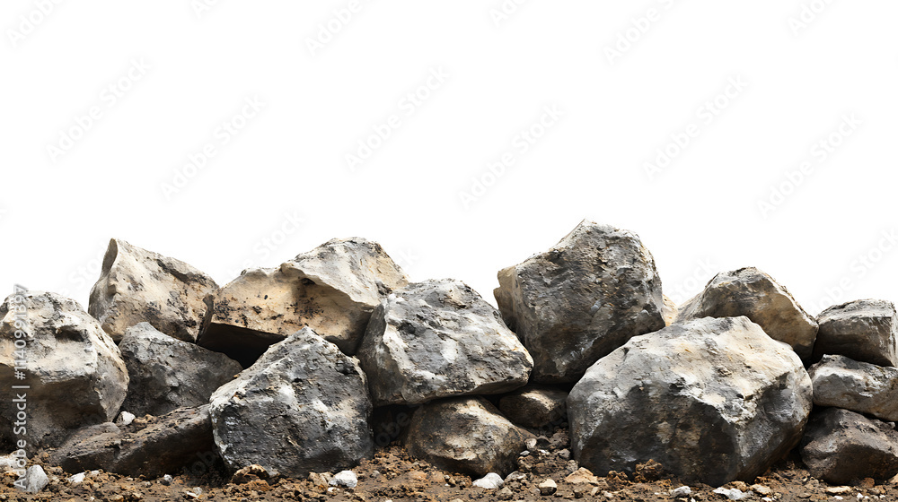 Poster side view on pile of rocks covered in dirt isolated on white background