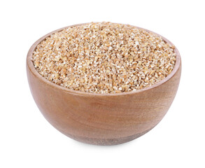 Dry wheat groats in wooden bowl isolated on white