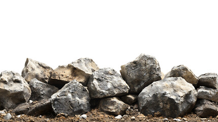 Side view on pile of rocks covered in dirt isolated on white background