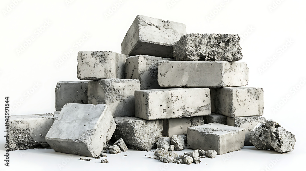 Poster side view on set of cement blocks and construction waste on white background