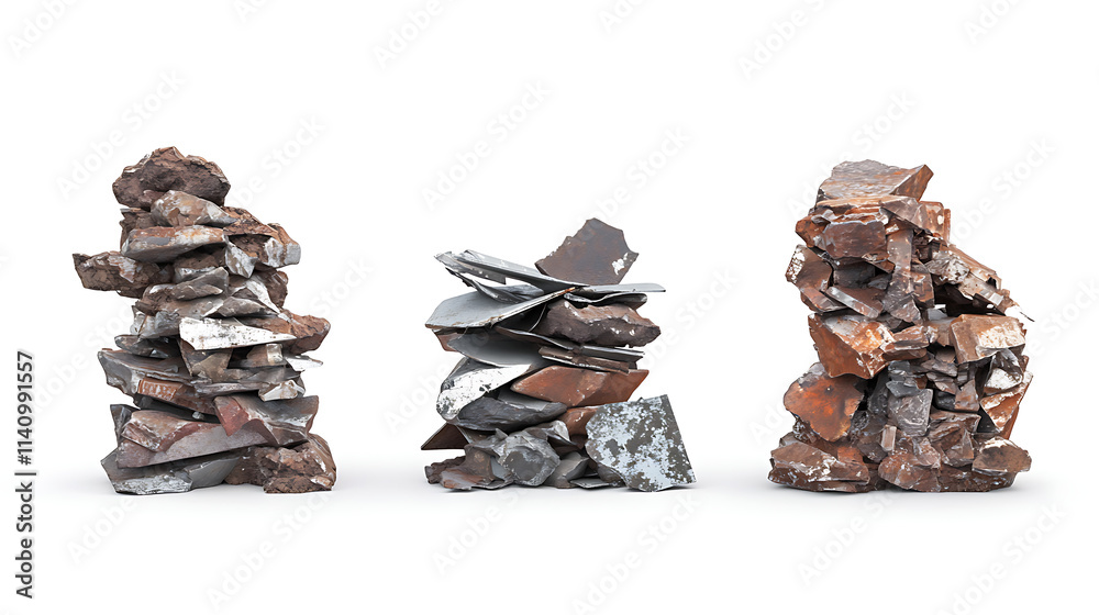Poster side view on set of piles of scrap metal on white background