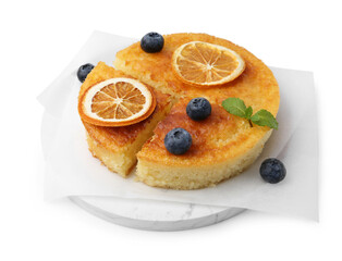 Tasty homemade semolina cake with blueberries isolated on white