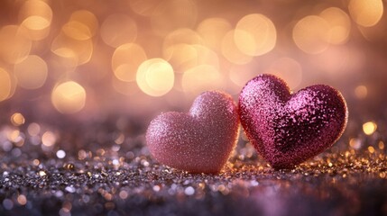 Fototapeta premium Two Glittery Hearts Resting on Sparkling Background