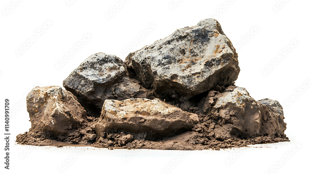 Poster Side view on set of rocks covered in mud in isolated on white background