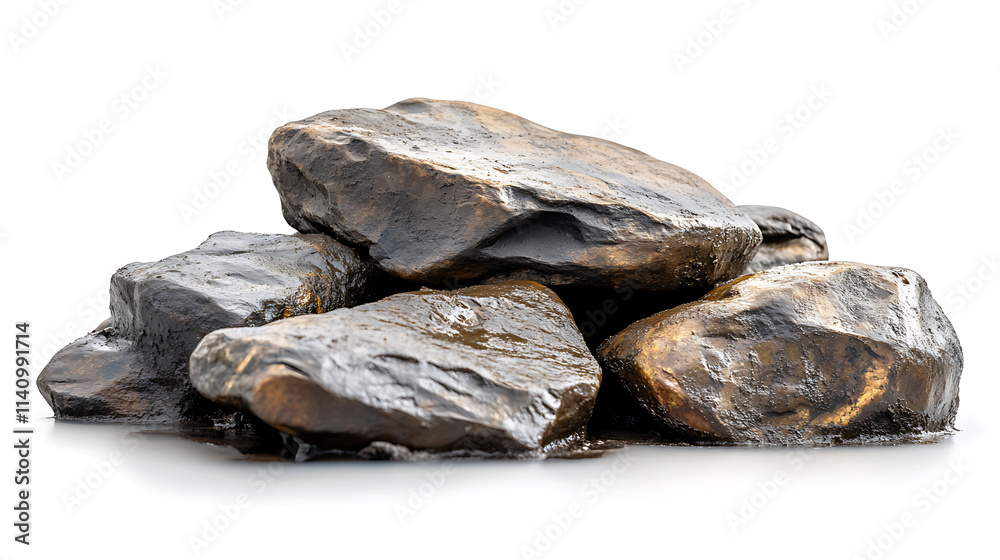 Poster Side view on set of rocks covered in mud in isolated on white background
