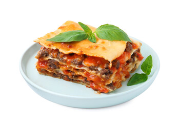 Delicious cooked lasagna with basil isolated on white