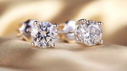 Elegant Gold Stud Earrings with Brilliant Cut Diamonds on Satin Fabric