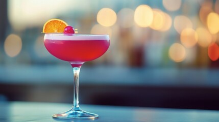 Refreshing Cocktail with Cherry and Orange Garnish on Bar Table