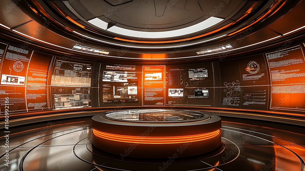 Poster Futuristic control room with circular platform and glowing orange screens displaying data.