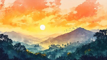 Obraz premium Simple watercolor panoramic view of iconic tamil nadu landscapes at sunset