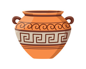 Ancient isolated pot of Greece. Cartoon historical ceramic vessel with Greek key pattern. Clayware with ornament of Mediterranean motifs. Archeology pottery. Interior decor. Flat vector illustration