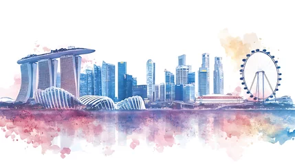 Watercolor soft colors illustration for singapore national day celebration with city skyline