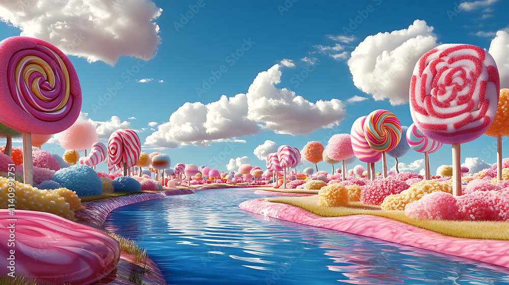 Poster whimsical candyland scene with colorful lollipop trees and a candy-filled river, all set under a bri