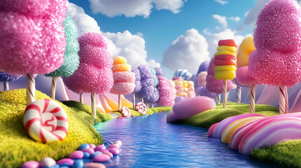 Whimsical candyland scene with colorful lollipop trees and a candy-filled river, all set under a bright blue sky with fluffy clouds, concept of a fantasy sweet world