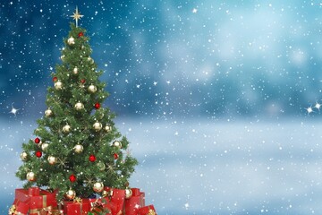 Beautiful decorated christmas tree in winter landscape