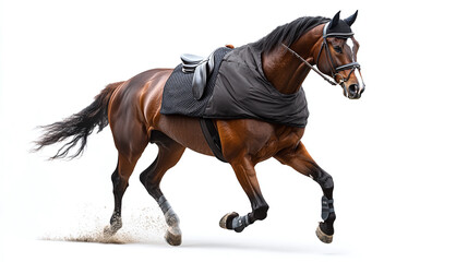 Power strong brown horse running at full gallop, speed and freedom, an isolated and beautiful young equine in motion against a white background.