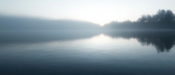 Fototapeta premium Landscape photograph of a calm lake. the water is still and reflects the trees on the right side of the image. the trees are silhouetted against the sky, creating a peaceful and serene atmosphere.