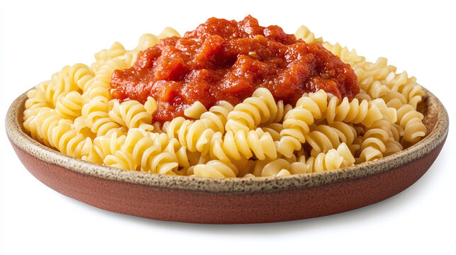 Rotini spiral pasta isolated on a plate, a delicious italian cuisine with a traditional red tomato sauce, perfect for a healthy and tasty vegetarian dinner or lunch dish in restaurant.