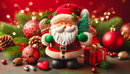 A santa Claus figure holding a Christmas tree and a red box