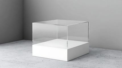 White glass showcase cube mock up, isolated, 3d rendering, empty acrylic podium box mockup