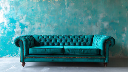 Sofa near grunge teal stucco wall with copy space, loft interior design of modern living room