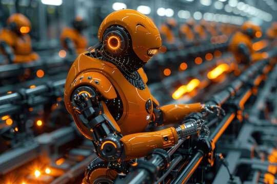 robot production line at a high-tech factory. In the foreground, a bright orange robot with shiny metal parts and a detailed structure works on a conveyor belt.  