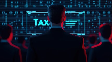 A figure in a suit faces a glowing "TAX" display, surrounded by silhouettes, embodying themes of finance, technology, and data analysis.