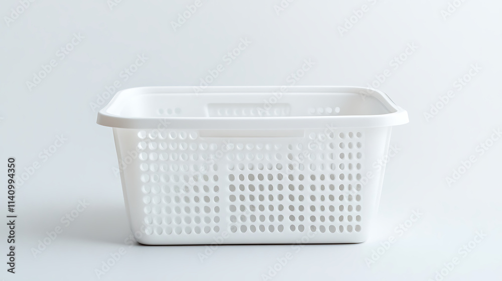 Poster white rectangular plastic storage basket with an isolated white front view