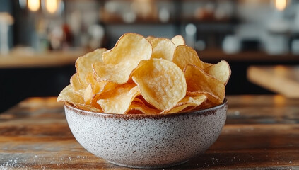 A bowl of potato chips sits on a wooden table. The chips are golden brown and appear to be freshly made. The bowl is white and has a simple design, with no other decorations or patterns