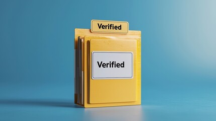 A stack of yellow folders labeled "Verified" against a blue background, symbolizing authenticity and organization.