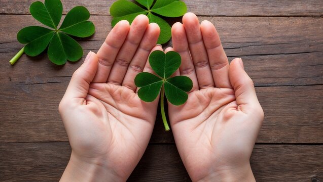 Four-leaf clover held in hands, symbolizing good luck, hope, and positive energy, representing the power of nature and the belief in finding fortune