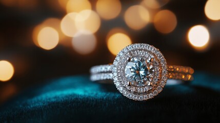 Fototapeta premium Elegant diamond engagement ring with glimmering bokeh background