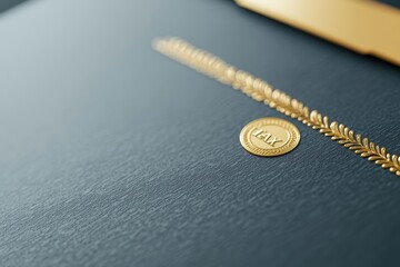 A sleek, dark blue document cover with a gold emblem and decorative border, symbolizing achievement or certification.