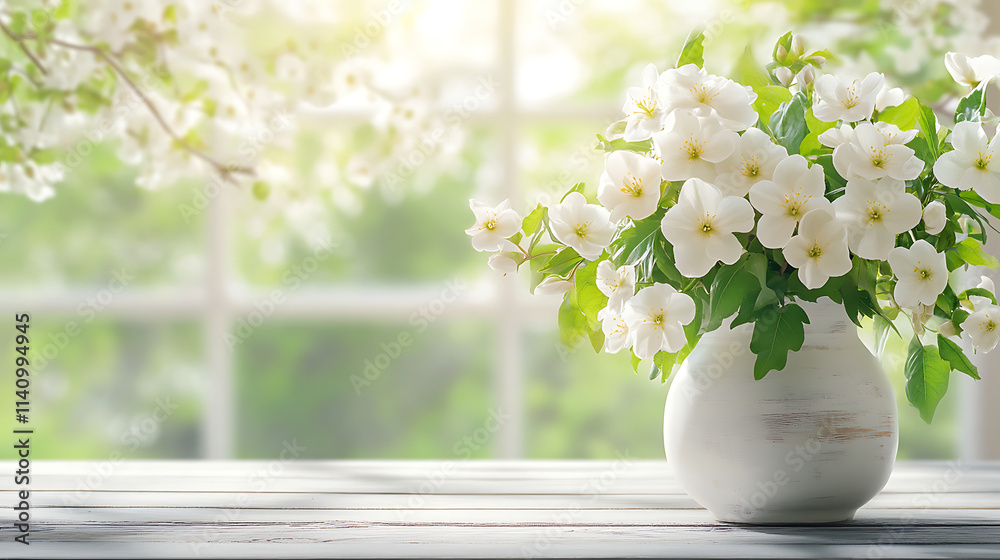 Poster white wooden table with vase of white flowers and blurred window on spring background, panoramic ban