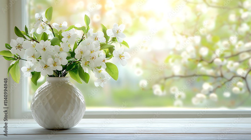 Aufkleber white wooden table with vase of white flowers and blurred window on spring background, panoramic ban