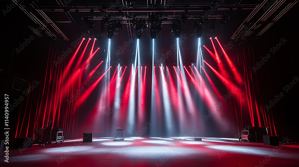 Poster spotlights illuminating an empty stage with red curtains, creating a dramatic atmosphere of anticipa