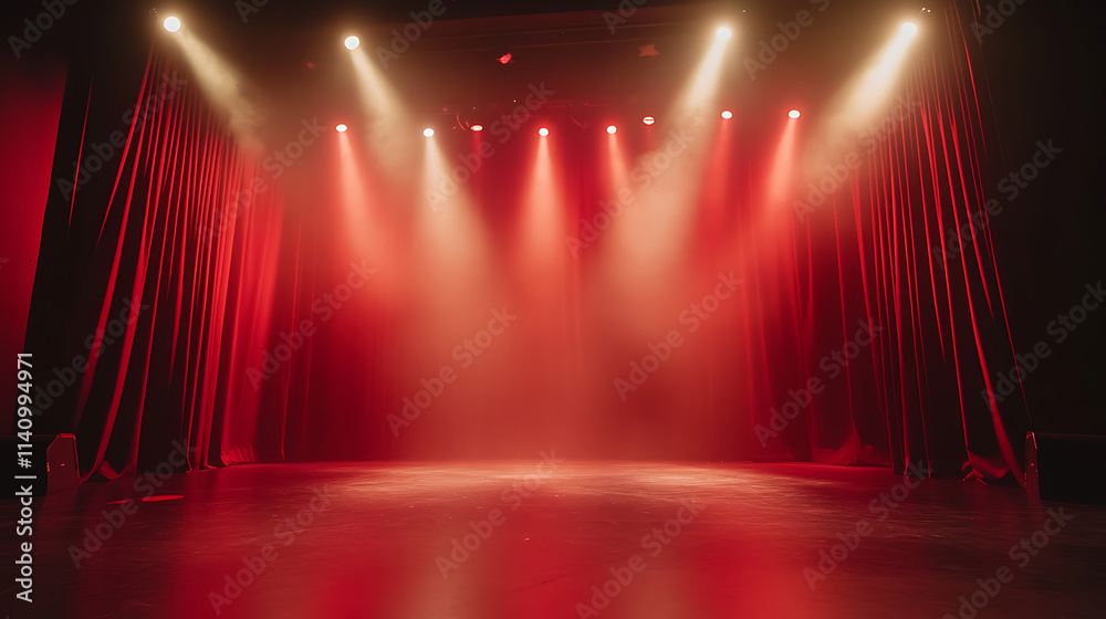 Aufkleber spotlights illuminating an empty stage with red curtains, creating a dramatic atmosphere of anticipa