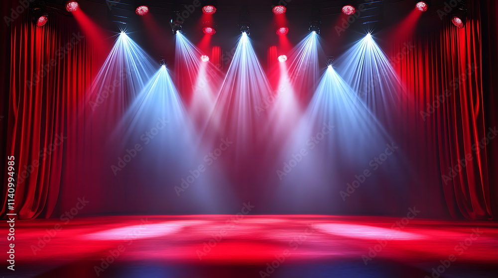 Aufkleber Spotlights illuminating an empty stage with red curtains, creating a dramatic atmosphere of anticipation