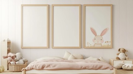 Adorable Bunny Nursery Decor:  Three Wooden Frames, Pink Bedding, and Plush Toys