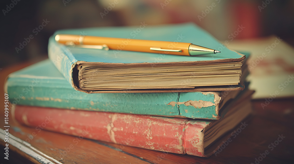 Aufkleber Stack of colorful notebooks and pens is lying on a desk, suggesting creative writing or studying for school
