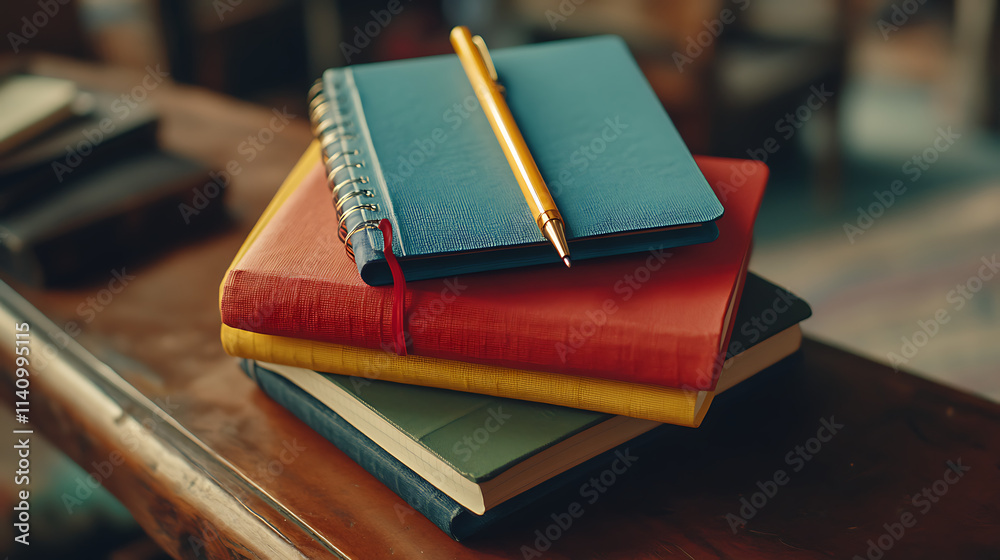 Poster stack of colorful notebooks and pens is lying on a desk, suggesting creative writing or studying for