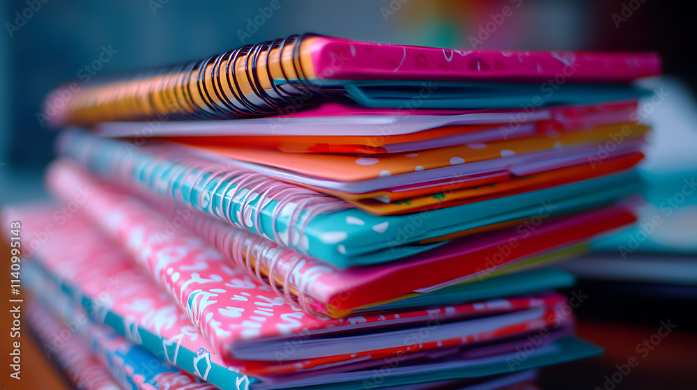 Poster stack of colorful notebooks and pens is lying on a desk, suggesting creative writing or studying for
