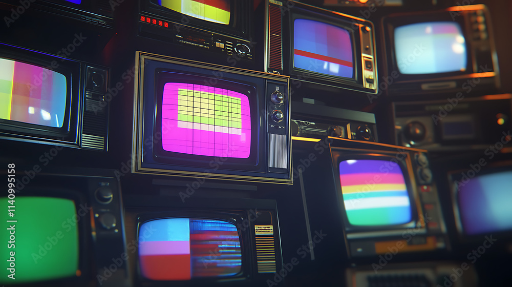 Poster Stack of various television sets from the 1970s with a test pattern displayed on the screen, static, fuzzy digital screen background