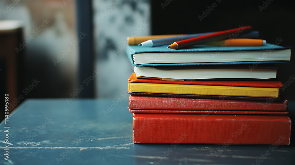 Aufkleber stack of colorful notebooks and pens is lying on a desk, suggesting creative writing or studying for