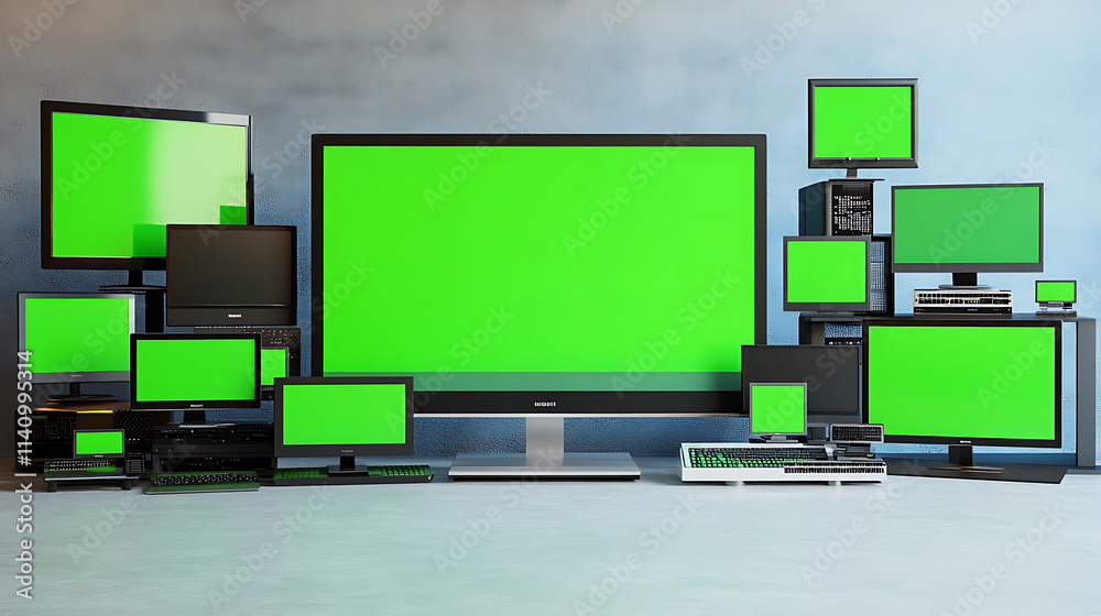 Poster stacks of modern flat televisions with green screen, various size of monitors