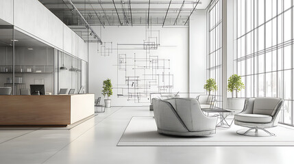 Fototapeta premium Wireframe design of an office interior on a white background, showcasing the concept of architectural planning