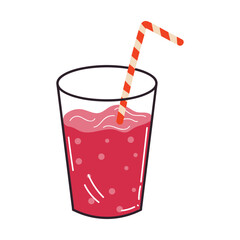 Cute cartoon refreshing drink with a straw in flat style. Berry juice in the glass isolated on white background.
