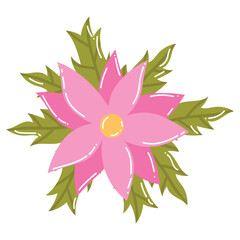 Cute cartoon pink flower with leaves in flat style. Tropical blooming plant isolated on white background.